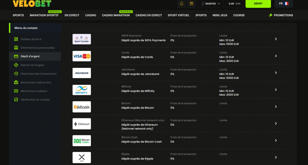 Velobet option de paiement